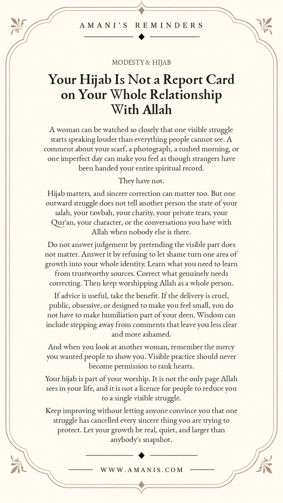 Amani’s Reminders Modesty & Hijab artwork titled Your Hijab Is Not a Report Card on Your Whole Relationship With Allah.