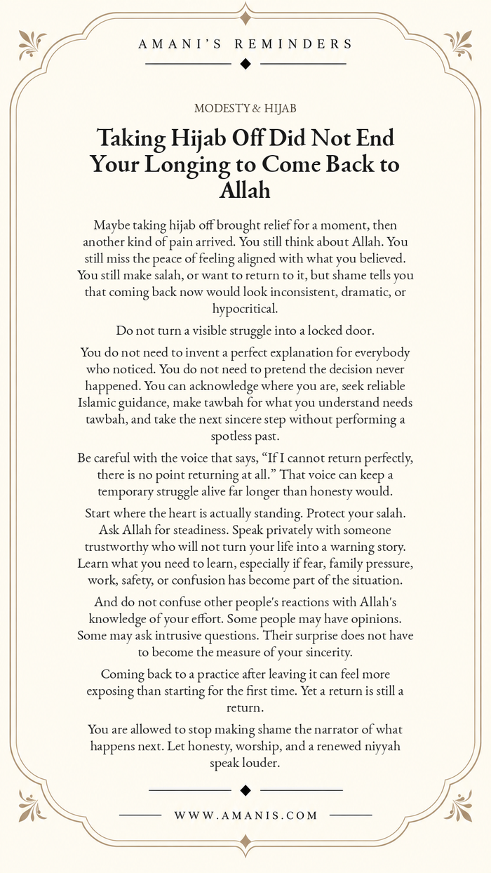 Amani’s Reminders Modesty & Hijab artwork titled Taking Hijab Off Did Not End Your Longing to Come Back to Allah.