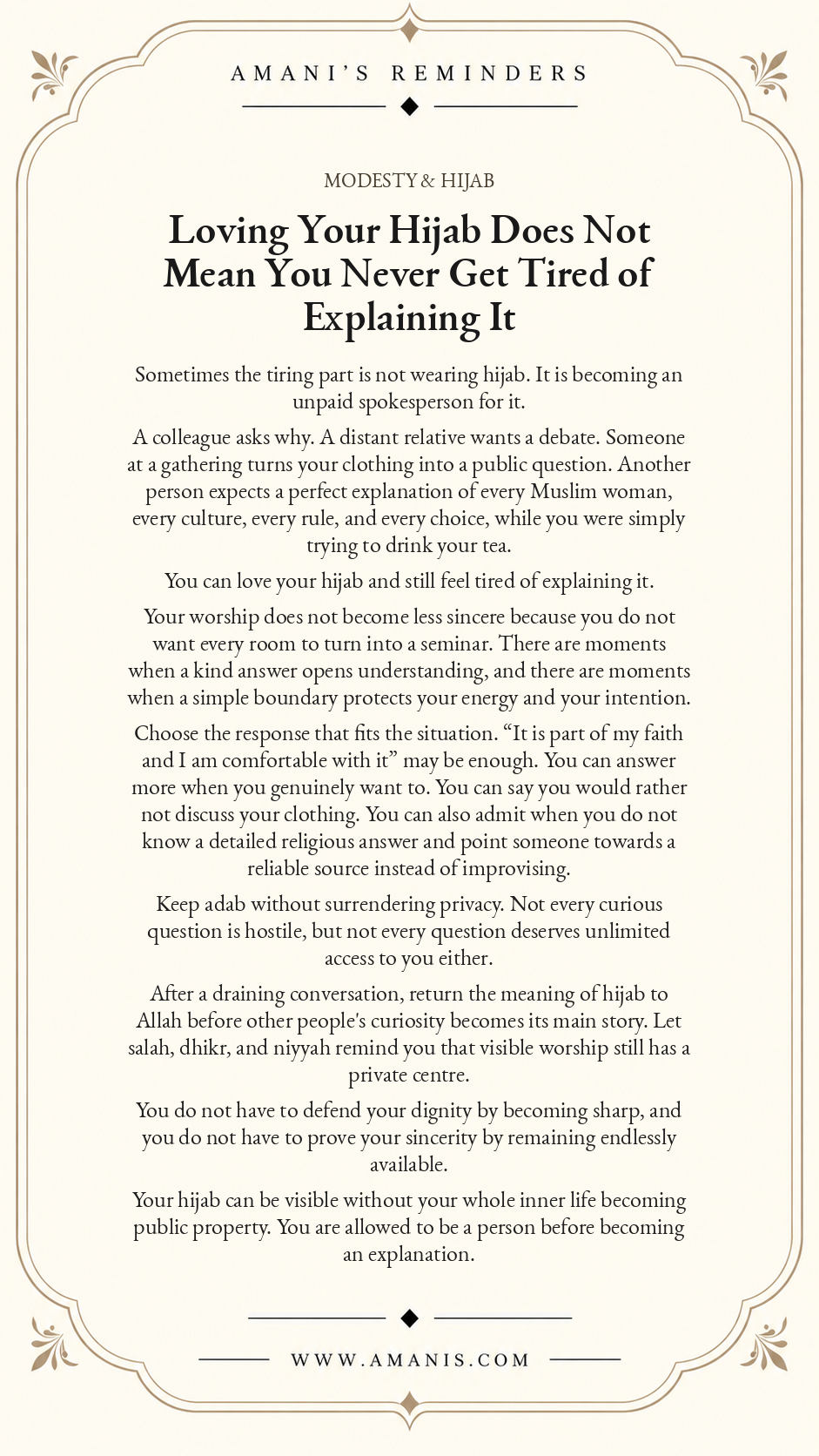 Amani’s Reminders Modesty & Hijab artwork titled Loving Your Hijab Does Not Mean You Never Get Tired of Explaining It.
