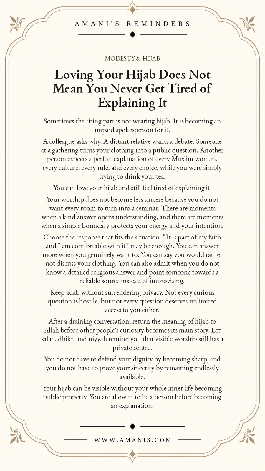 Amani’s Reminders Modesty & Hijab artwork titled Loving Your Hijab Does Not Mean You Never Get Tired of Explaining It.