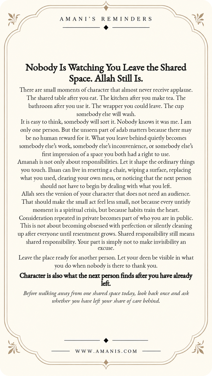 Amani’s Reminders ornate cream-and-gold Islamic Manners & Character poster about caring for shared spaces even when nobody is watching.