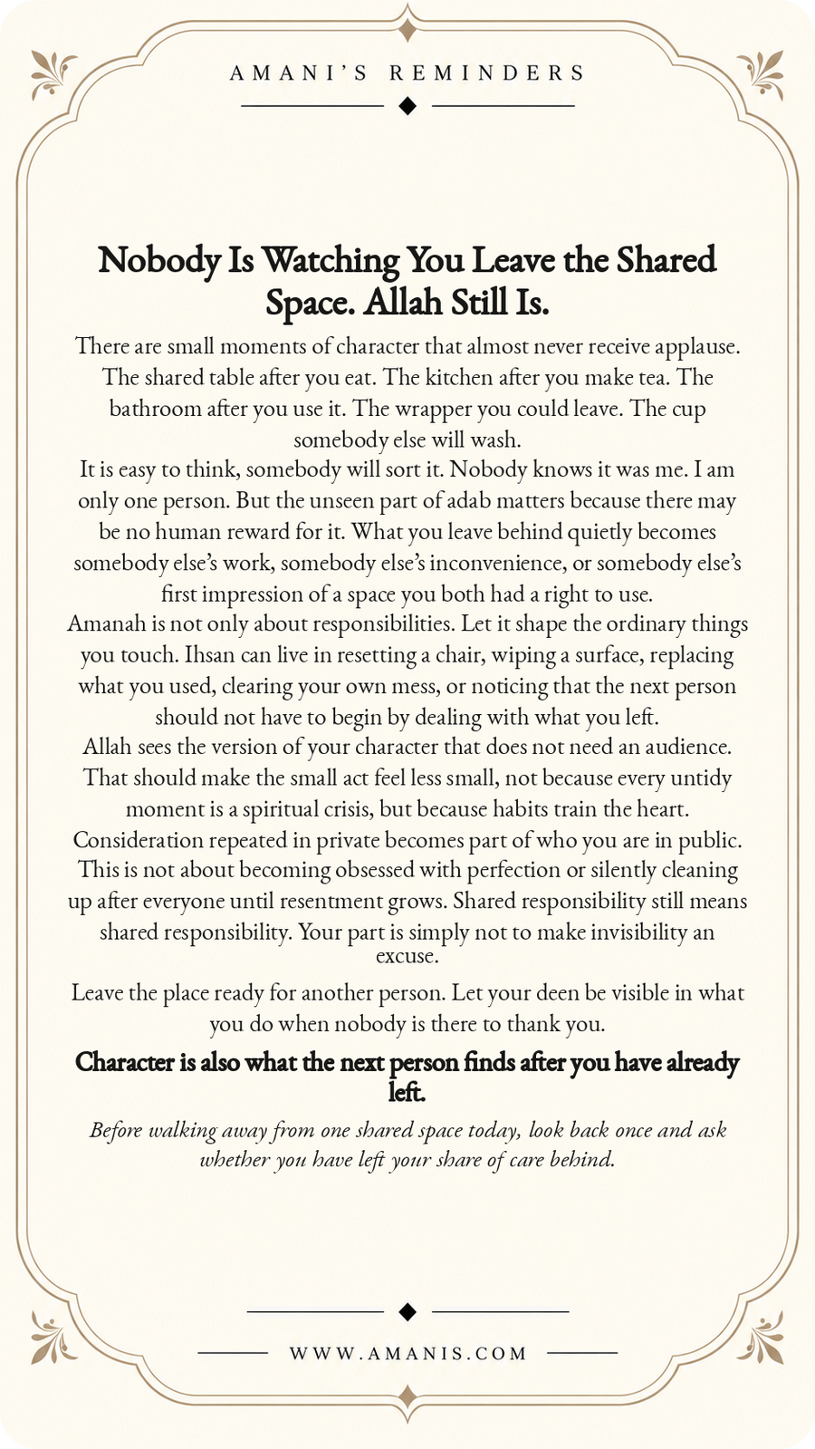 Amani’s Reminders ornate cream-and-gold Islamic Manners & Character poster about caring for shared spaces even when nobody is watching.