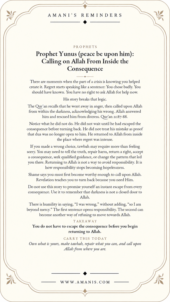 Amani’s Reminders Prophets artwork: Prophet Yunus (peace be upon him): Calling on Allah From Inside the Consequence