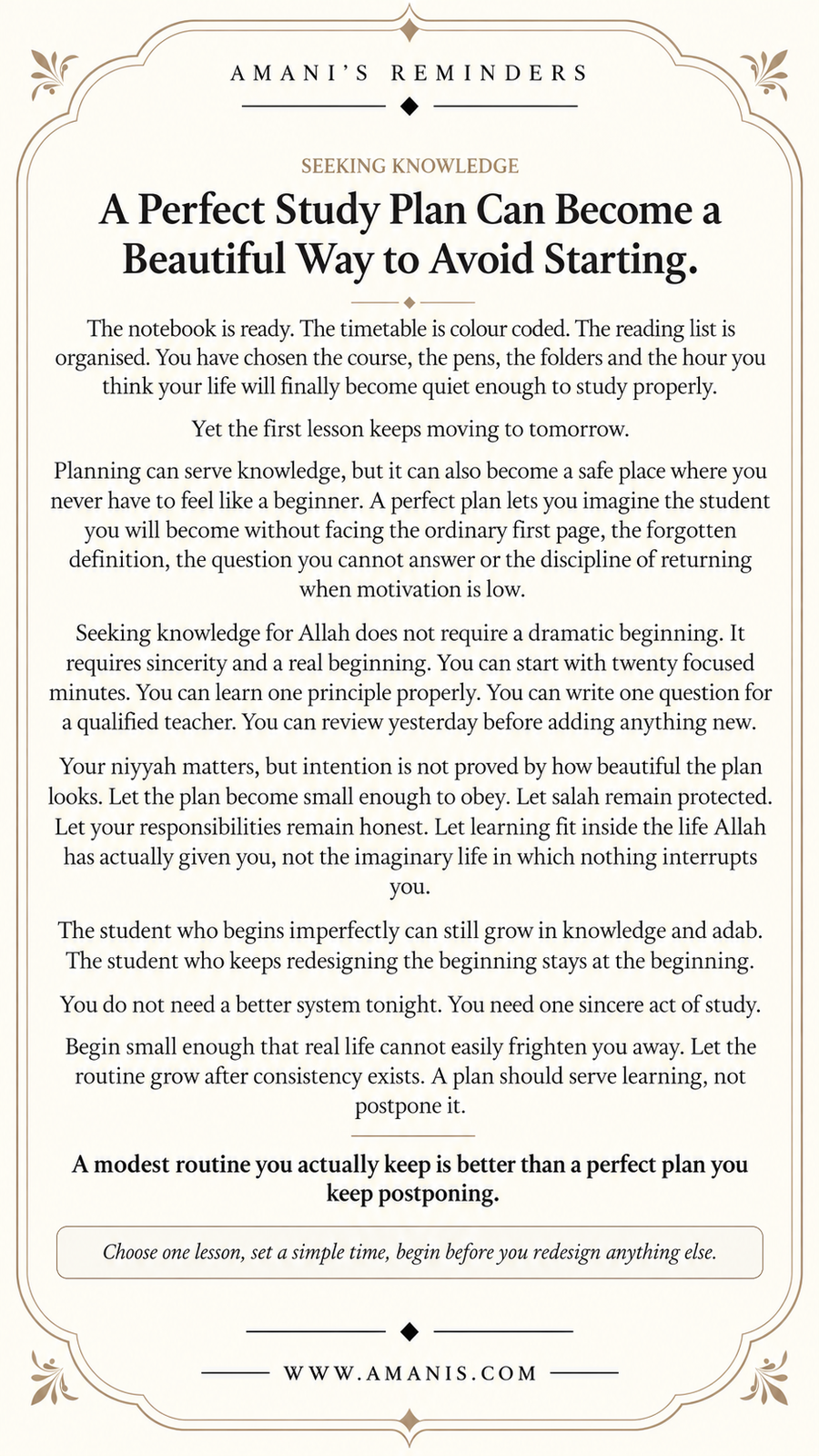 Amani’s Reminders Seeking Knowledge poster about a perfect study plan becoming a way to avoid starting.