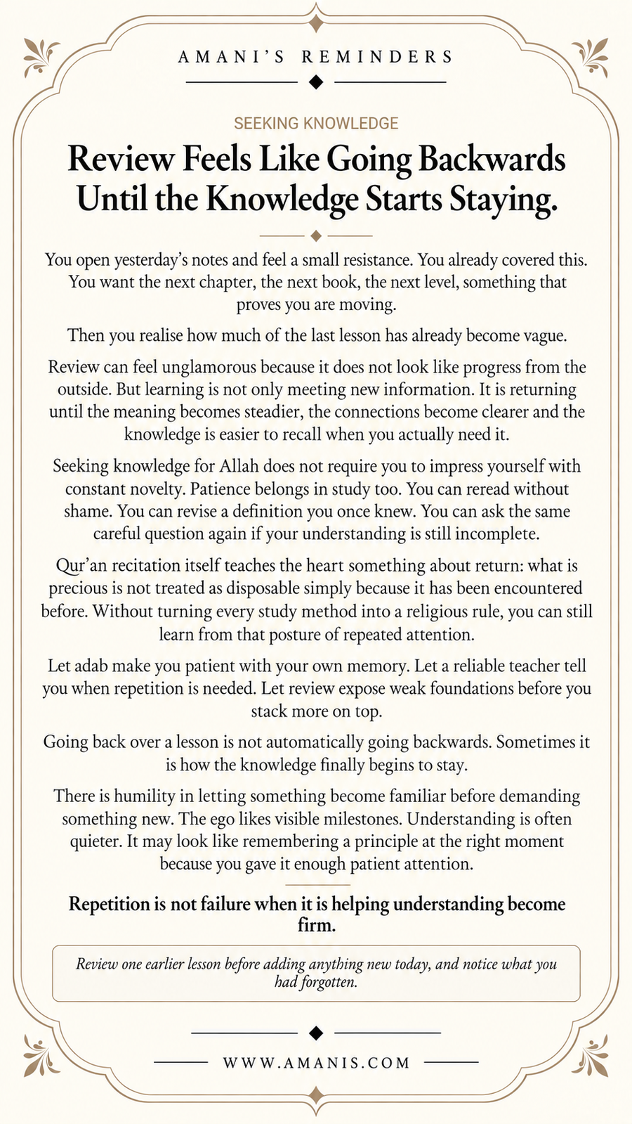 Amani’s Reminders Seeking Knowledge poster about review feeling like going backwards until knowledge starts staying.