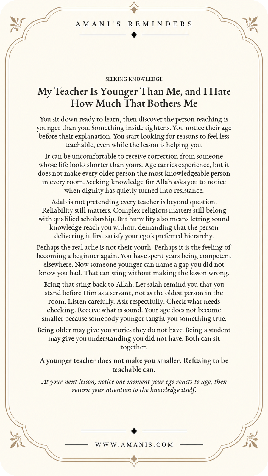 Amani’s Reminders Seeking Knowledge poster about learning from a younger teacher without letting age become a barrier to teachability.