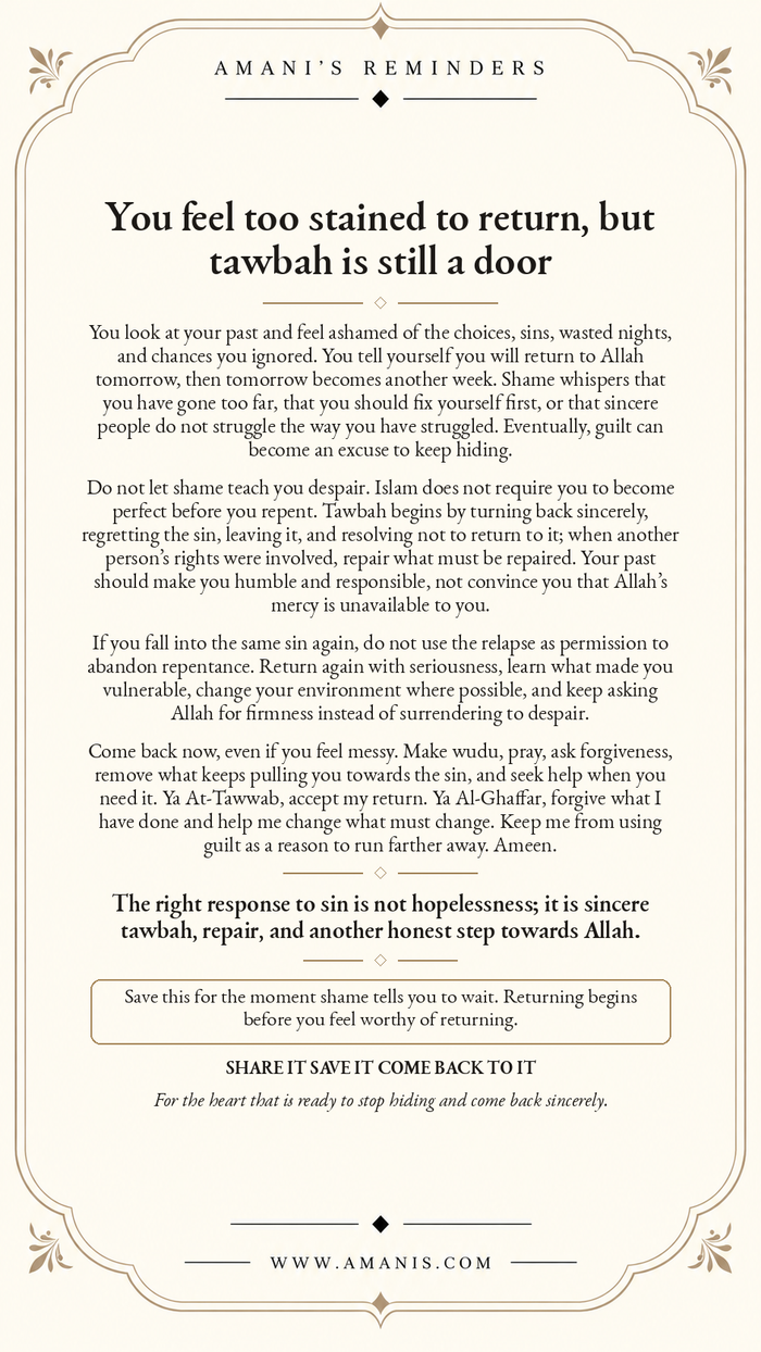 Amani’s Reminders poster about sincere tawbah, Allah’s mercy, repairing wrongs and returning without despair.