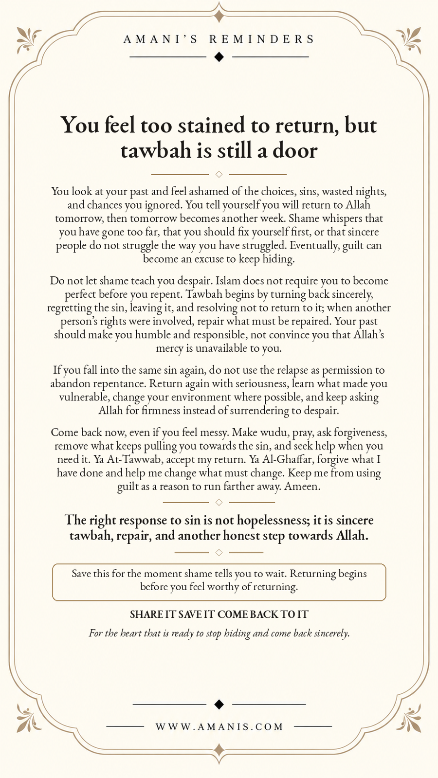 Amani’s Reminders poster about sincere tawbah, Allah’s mercy, repairing wrongs and returning without despair.
