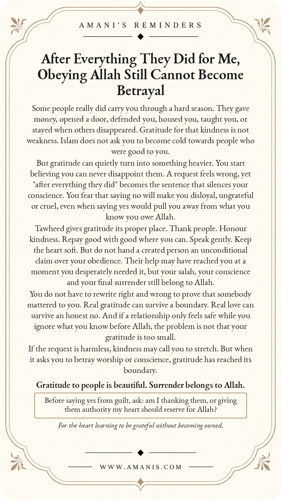 Amani’s Reminders Tawheed poster: After Everything They Did for Me, Obeying Allah Still Cannot Become Betrayal.