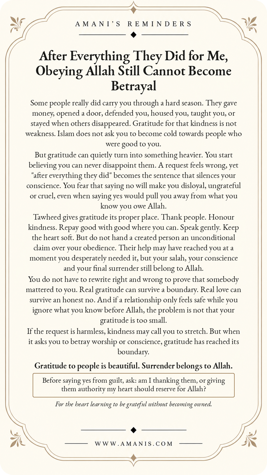 Amani’s Reminders Tawheed poster: After Everything They Did for Me, Obeying Allah Still Cannot Become Betrayal.