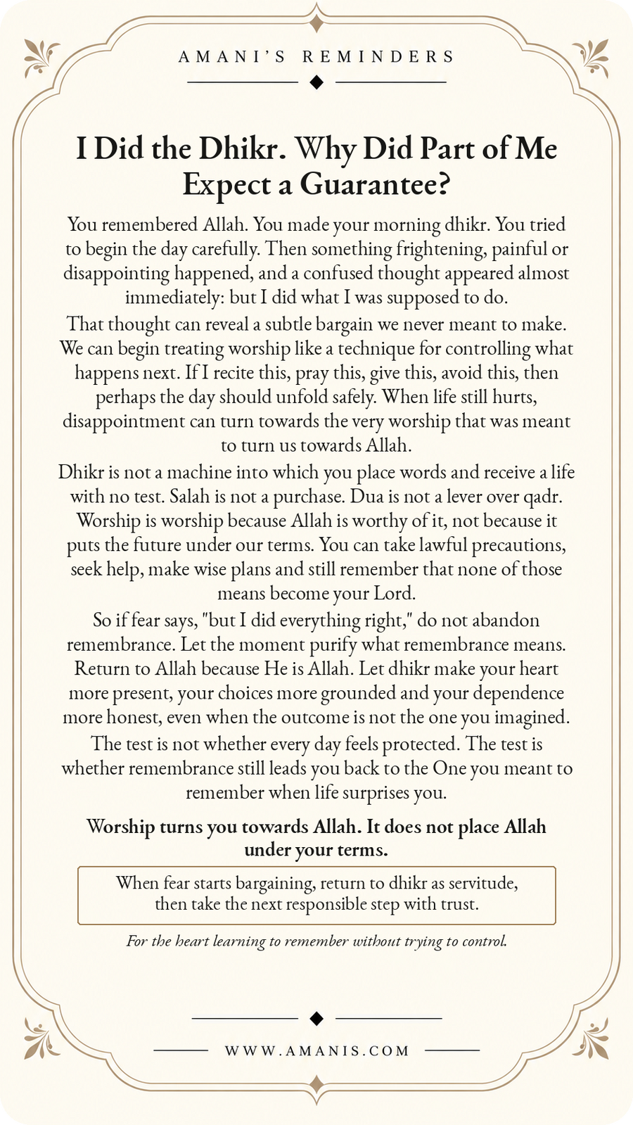 Amani’s Reminders Tawheed poster: I Did the Dhikr. Why Did Part of Me Expect a Guarantee?
