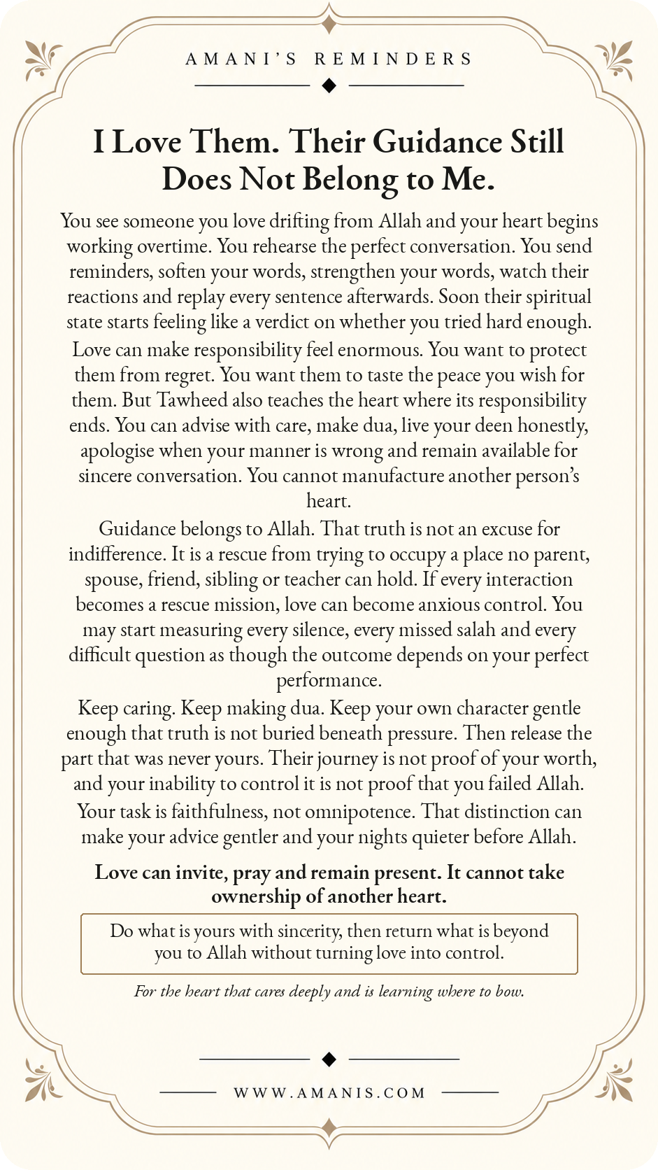 Amani’s Reminders Tawheed poster: I Love Them. Their Guidance Still Does Not Belong to Me.