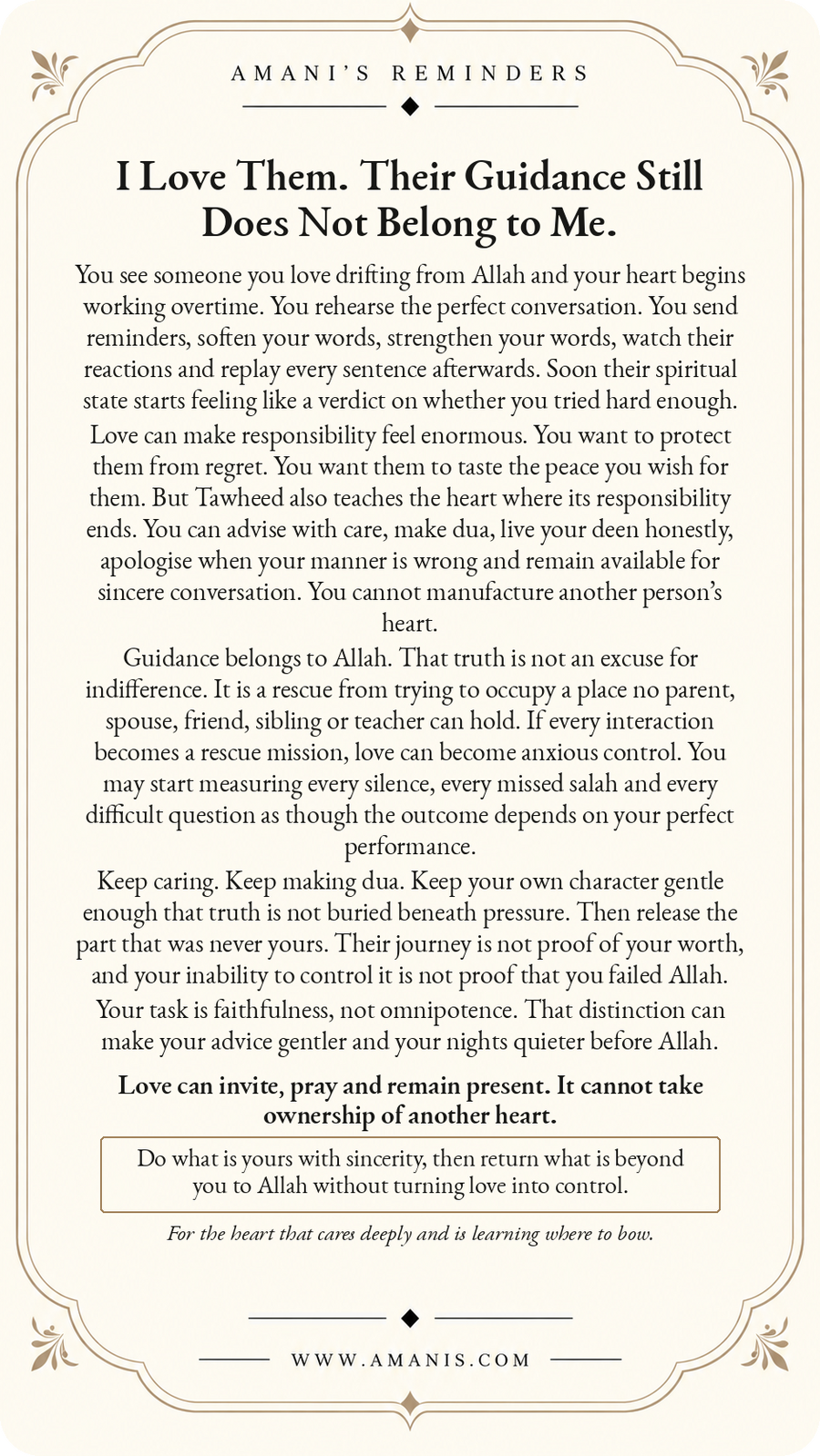 Amani’s Reminders Tawheed poster: I Love Them. Their Guidance Still Does Not Belong to Me.