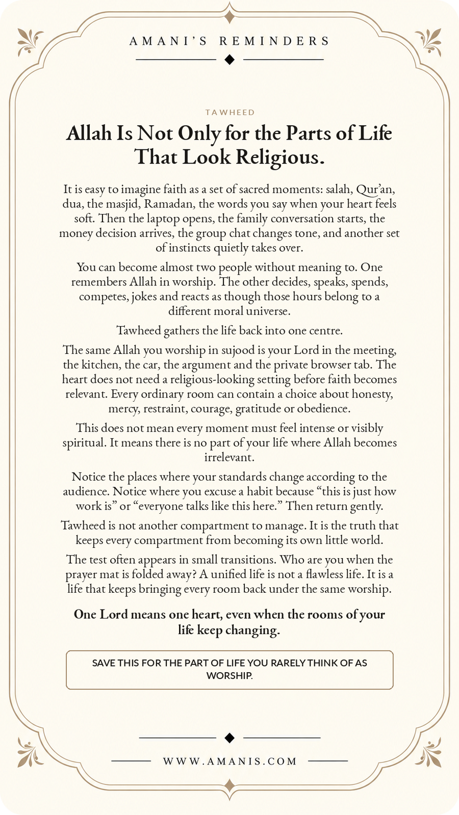 Amani's Reminders Tawheed artwork: Allah Is Not Only for the Parts of Life That Look Religious.