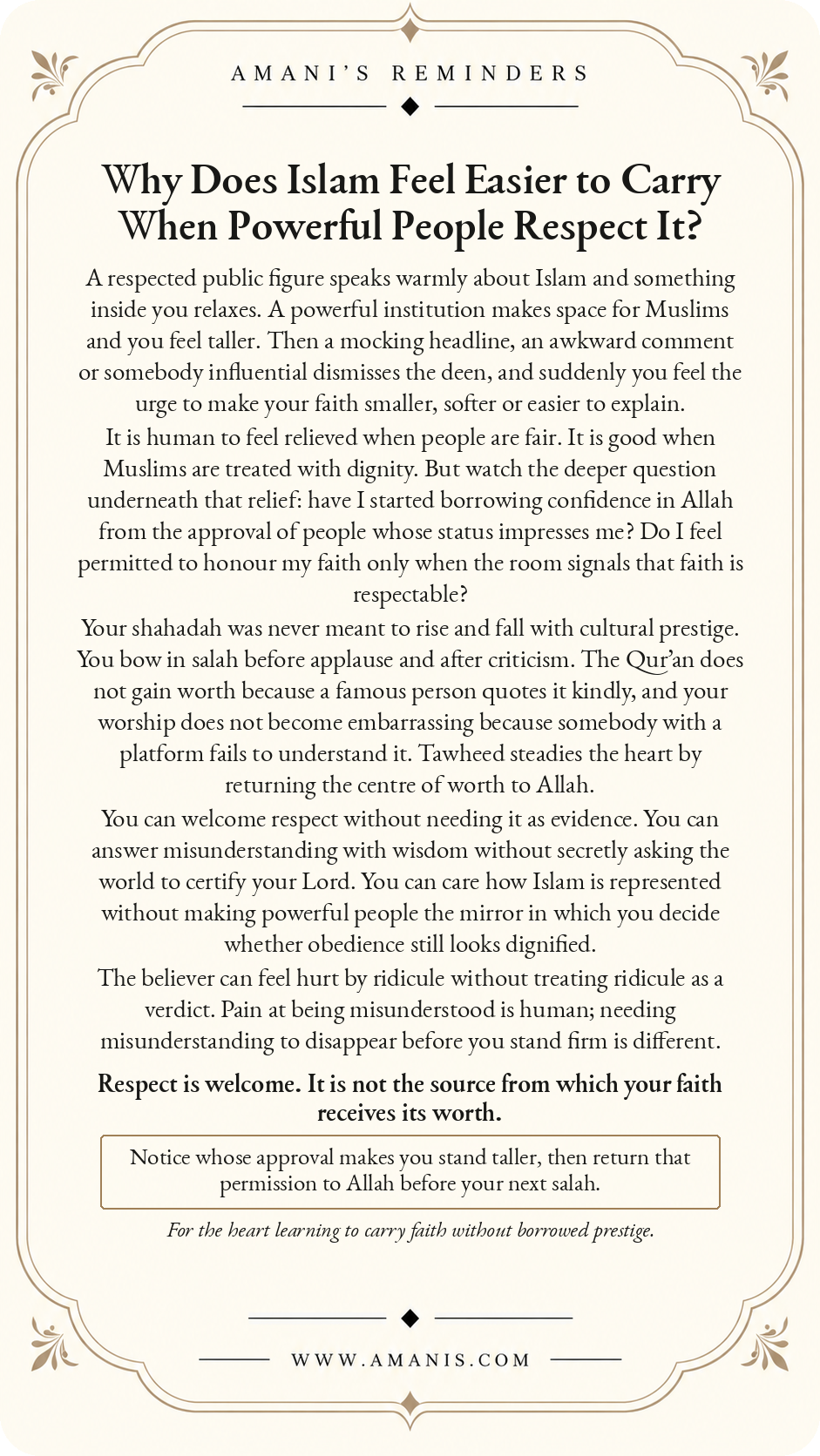Amani’s Reminders Tawheed poster: Why Does Islam Feel Easier to Carry When Powerful People Respect It?
