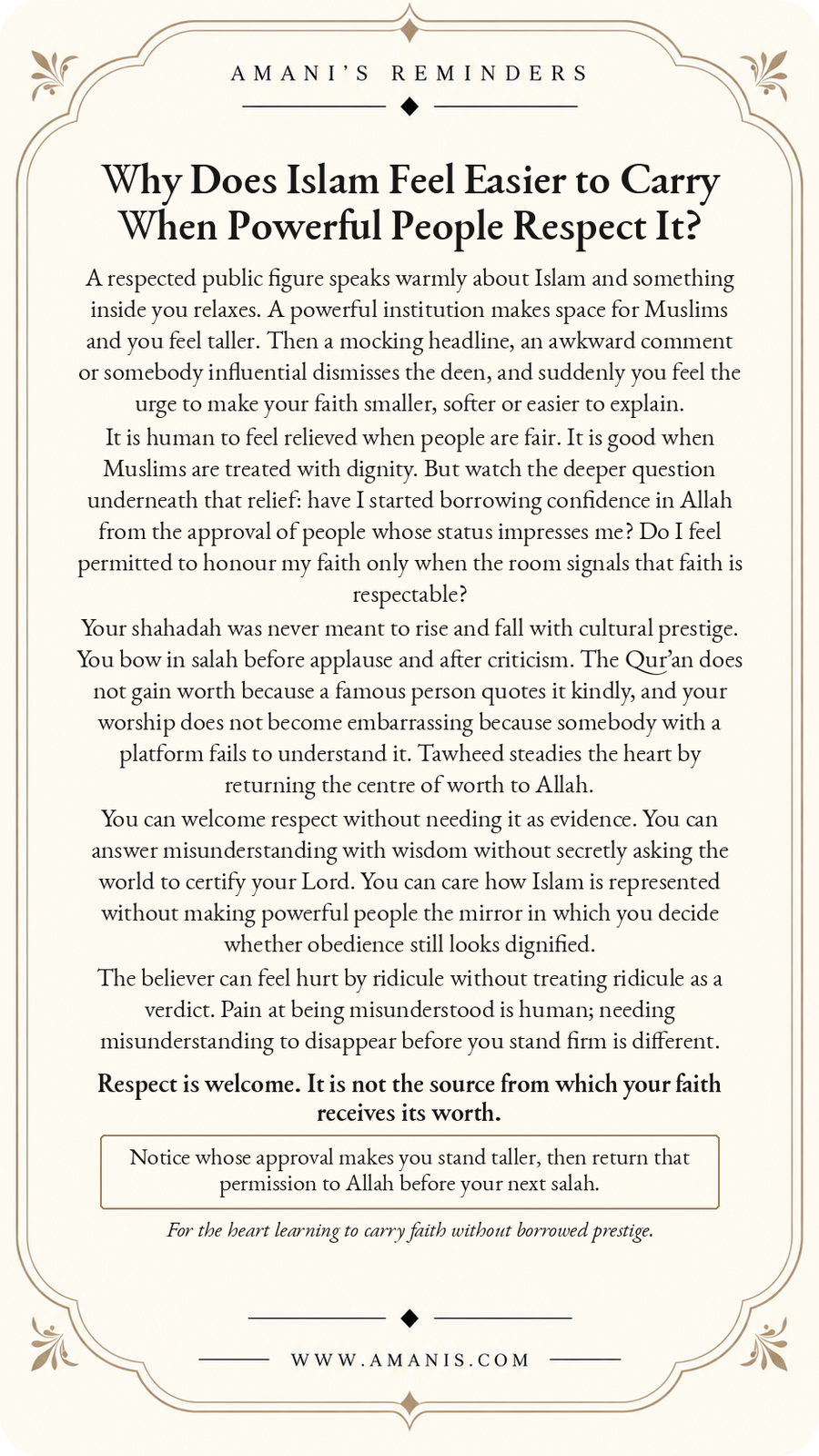 Amani’s Reminders Tawheed poster: Why Does Islam Feel Easier to Carry When Powerful People Respect It?