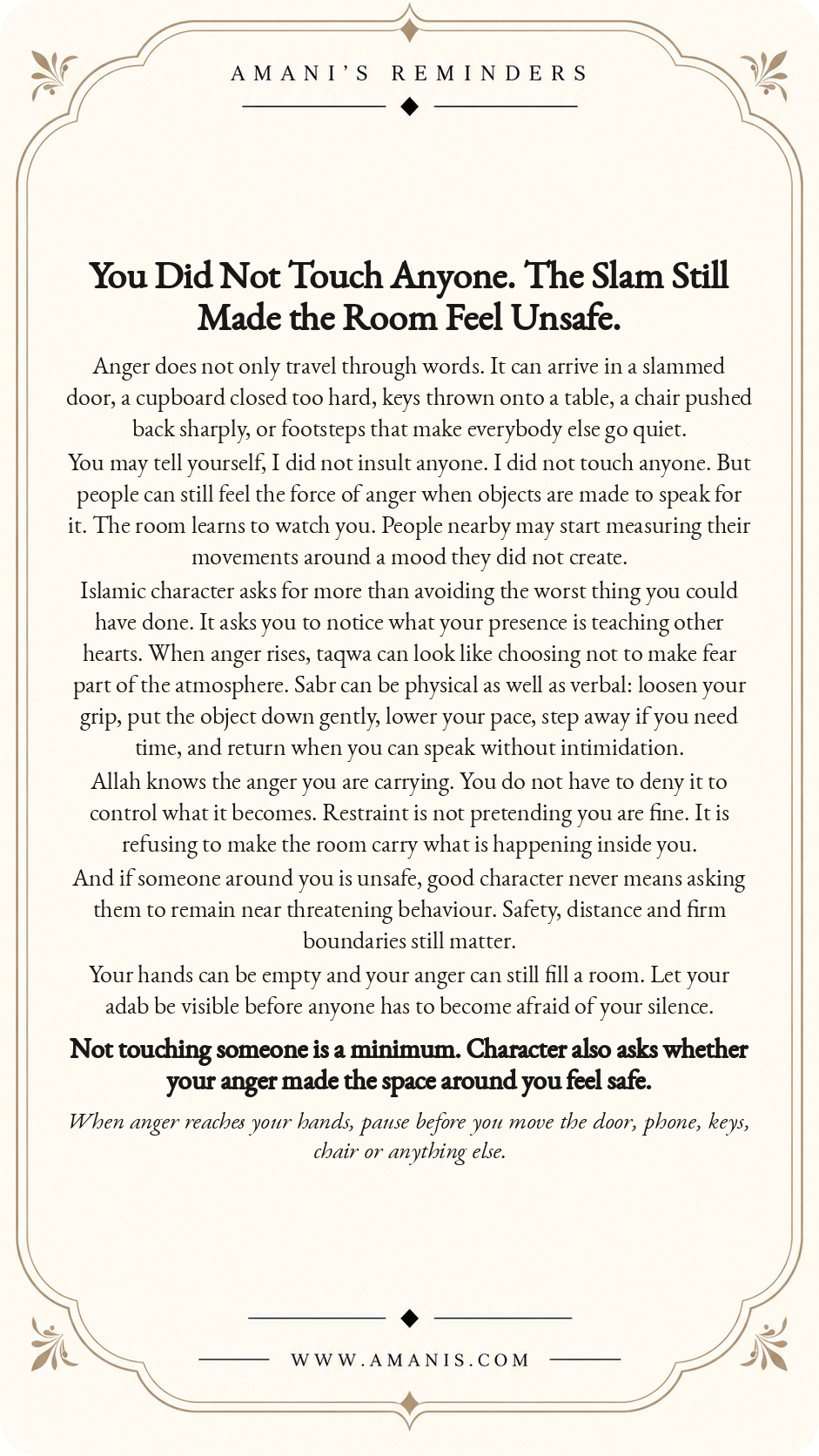 Amani’s Reminders ornate cream-and-gold Islamic Manners & Character poster: You Did Not Touch Anyone. The Slam Still Made the Room Feel Unsafe.