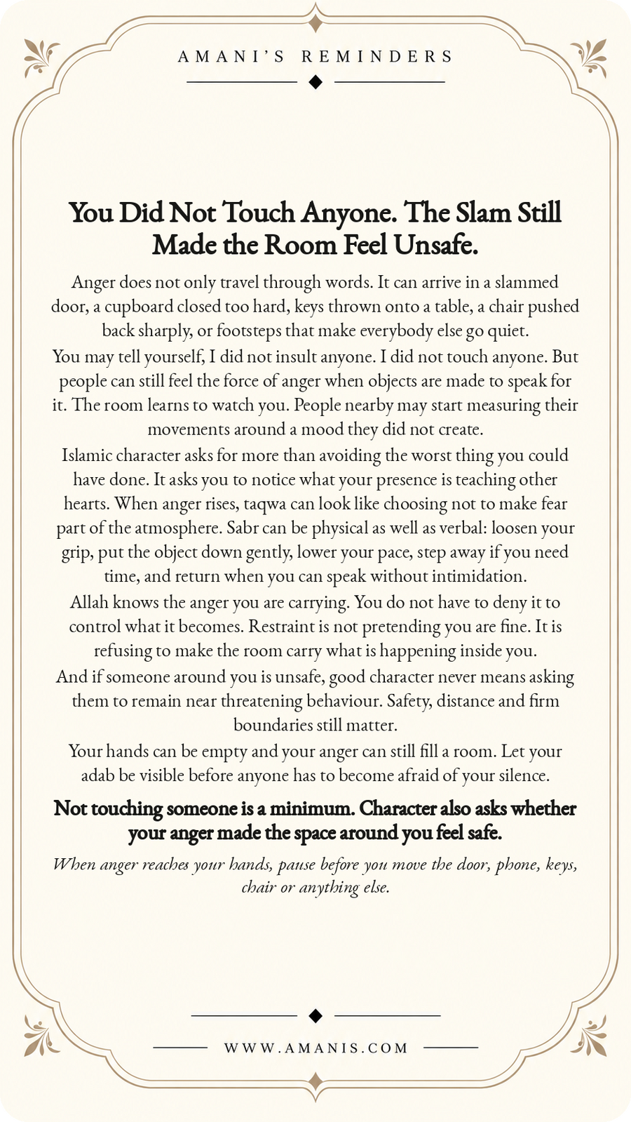 Amani’s Reminders ornate cream-and-gold Islamic Manners & Character poster: You Did Not Touch Anyone. The Slam Still Made the Room Feel Unsafe.