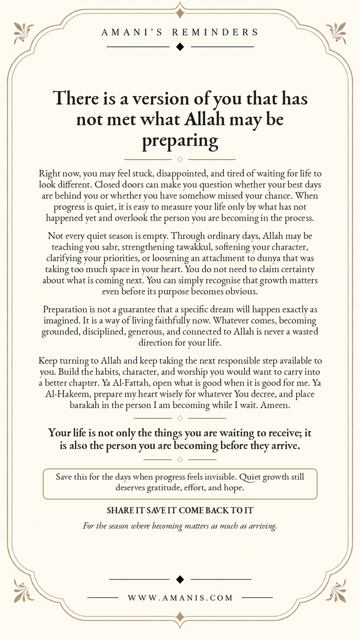 Amani’s Reminders poster about hope in Allah, quiet growth, qadr and the person you are becoming.