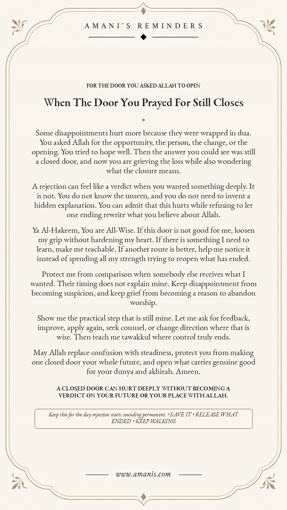 Amani's Reminders Islamic reminder for when a door you prayed for still closes, about disappointment, dua, qadr, trusting Allah's wisdom and letting go without losing hope.
