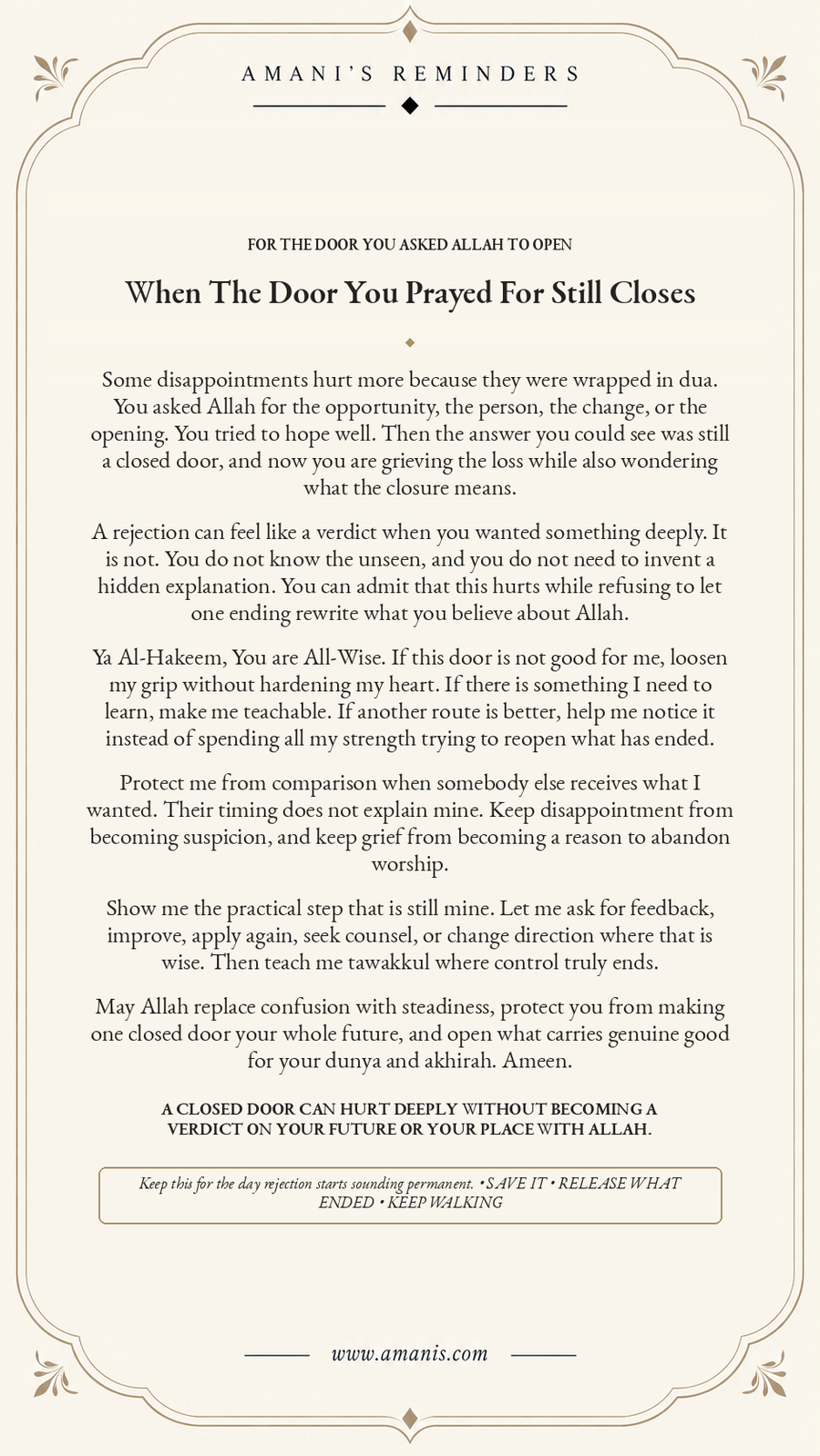 Amani's Reminders Islamic reminder for when a door you prayed for still closes, about disappointment, dua, qadr, trusting Allah's wisdom and letting go without losing hope.