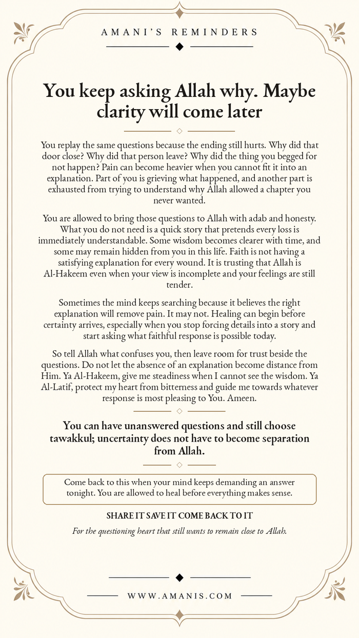 Amani’s Reminders poster about unanswered questions, qadr, tawakkul and remaining close to Allah.