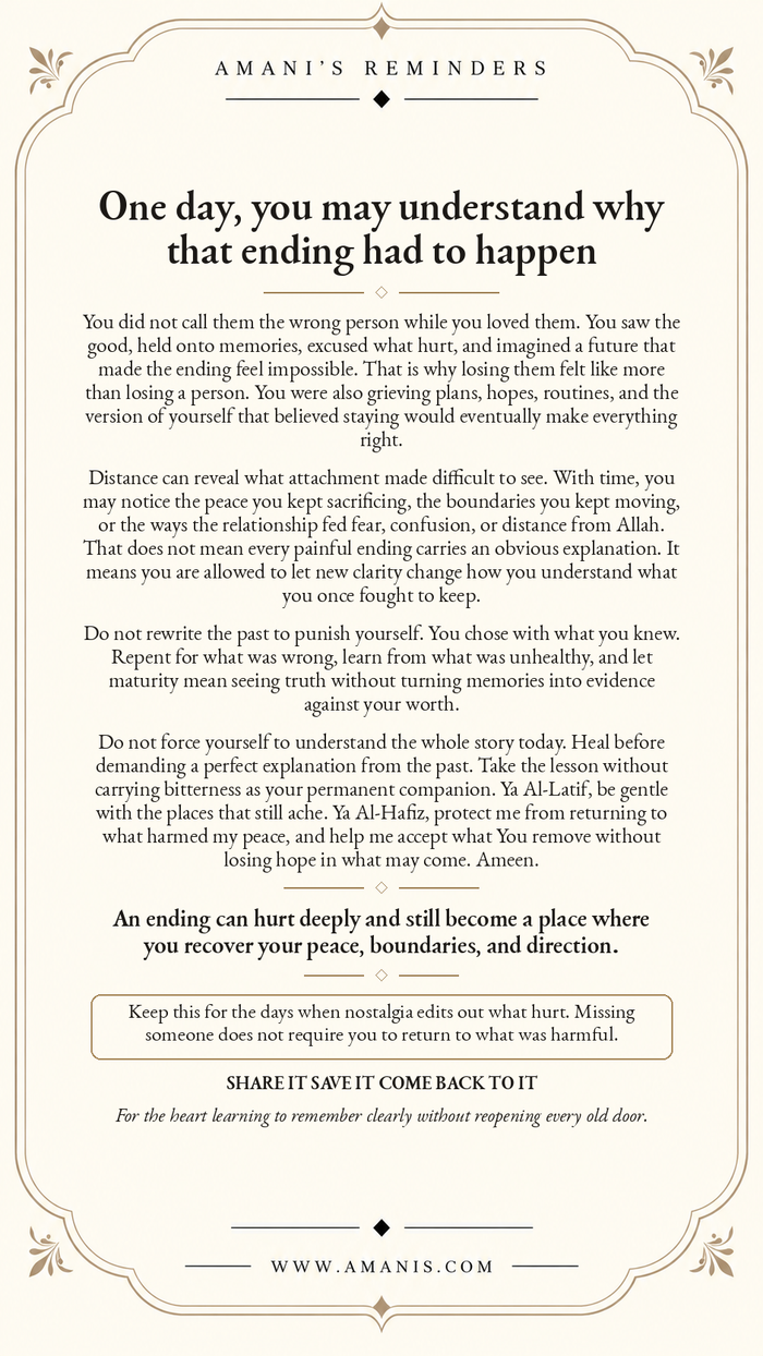 Amani’s Reminders poster about a painful relationship ending, healing, qadr and protecting your peace.