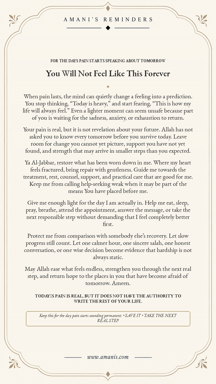 Amani's Reminders Islamic reminder for when pain feels endless, about hope, healing, practical support, dua and trusting Allah with a future you cannot yet see.