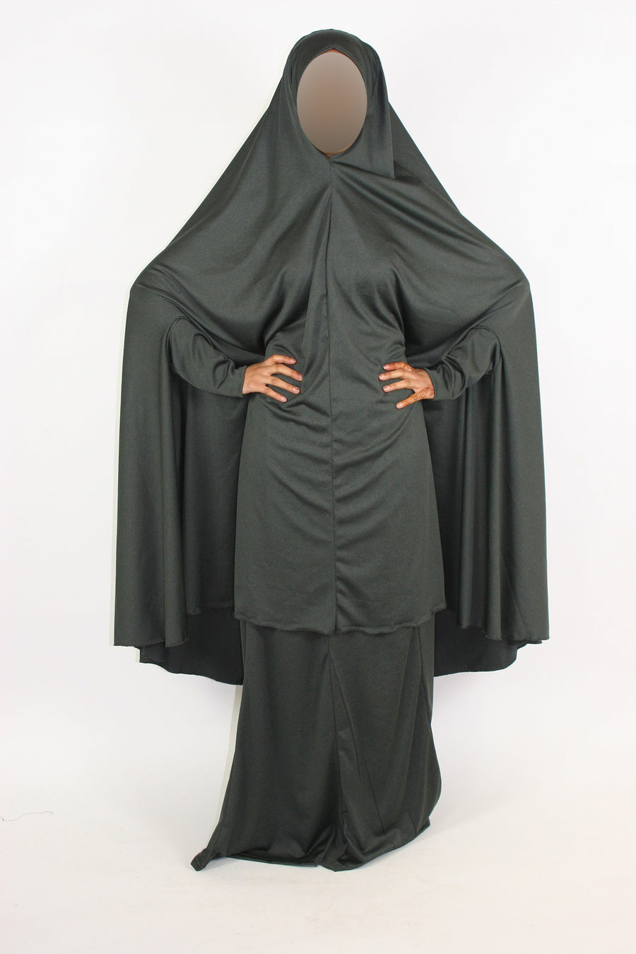 Army green jersey jilbab drape and elasticated maxi skirt detail