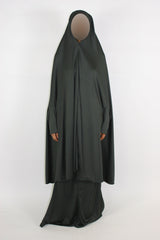 Army green two-piece jersey overhead jilbab, full-length front view