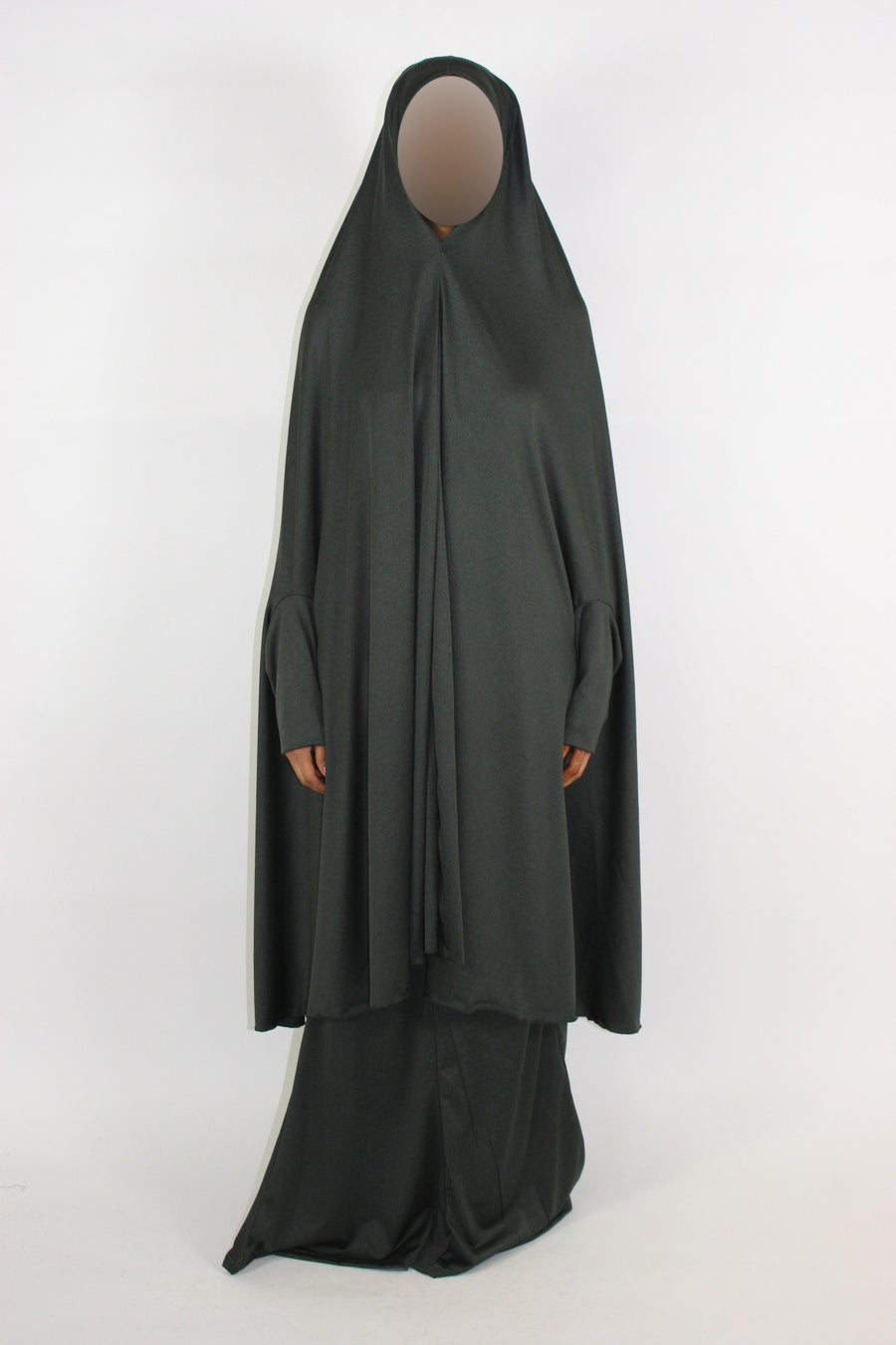 Army green two-piece jersey overhead jilbab, full-length front view
