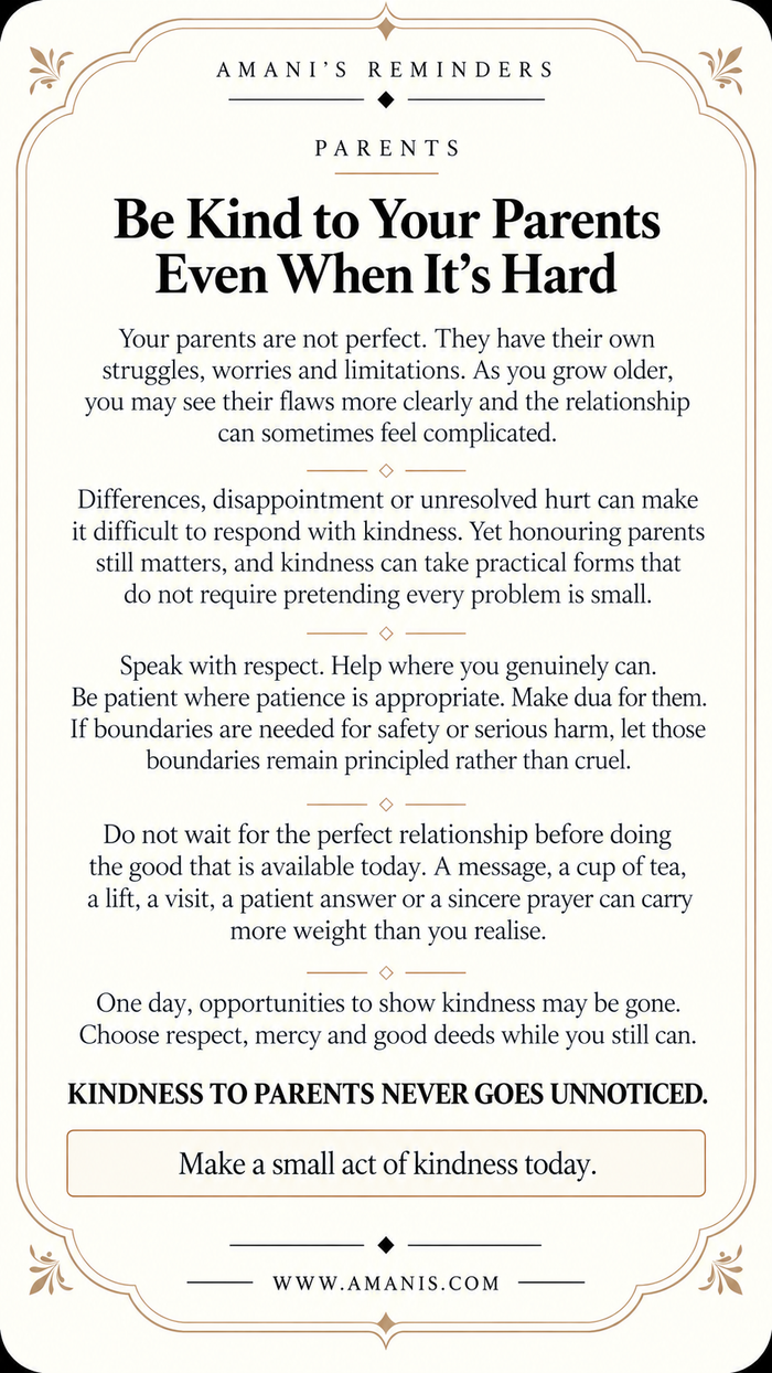 Amani’s Reminders artwork about kindness to parents even when the relationship is difficult.