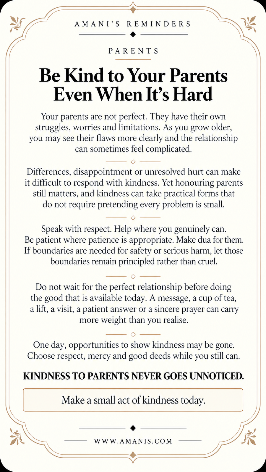Amani’s Reminders artwork about kindness to parents even when the relationship is difficult.
