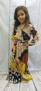 Girl wearing Mia's shirt-collar floral chiffon long-sleeve maxi dress