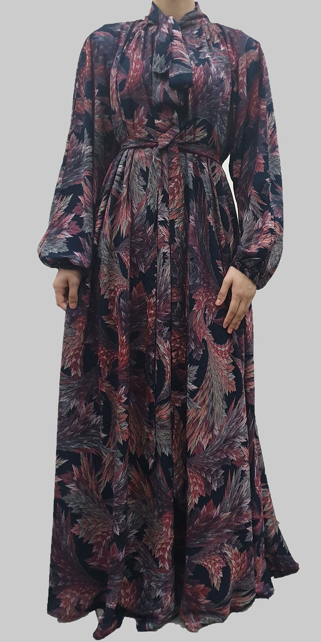 Amani's floral bow tie maxi dress with elasticated sleeves front view