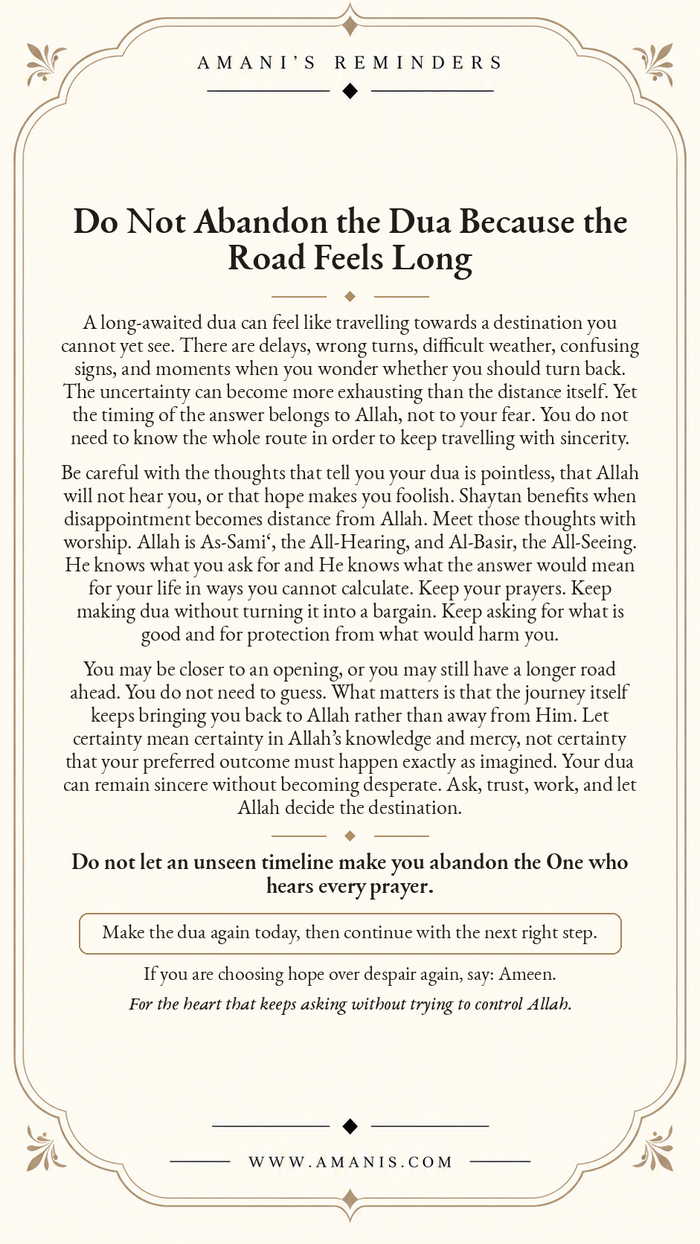 Amani’s Reminders artwork about continuing a long-awaited dua with trust in Allah’s knowledge, mercy and timing.