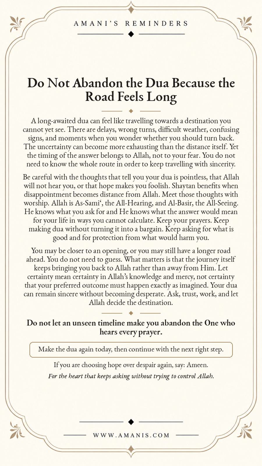 Amani’s Reminders artwork about continuing a long-awaited dua with trust in Allah’s knowledge, mercy and timing.