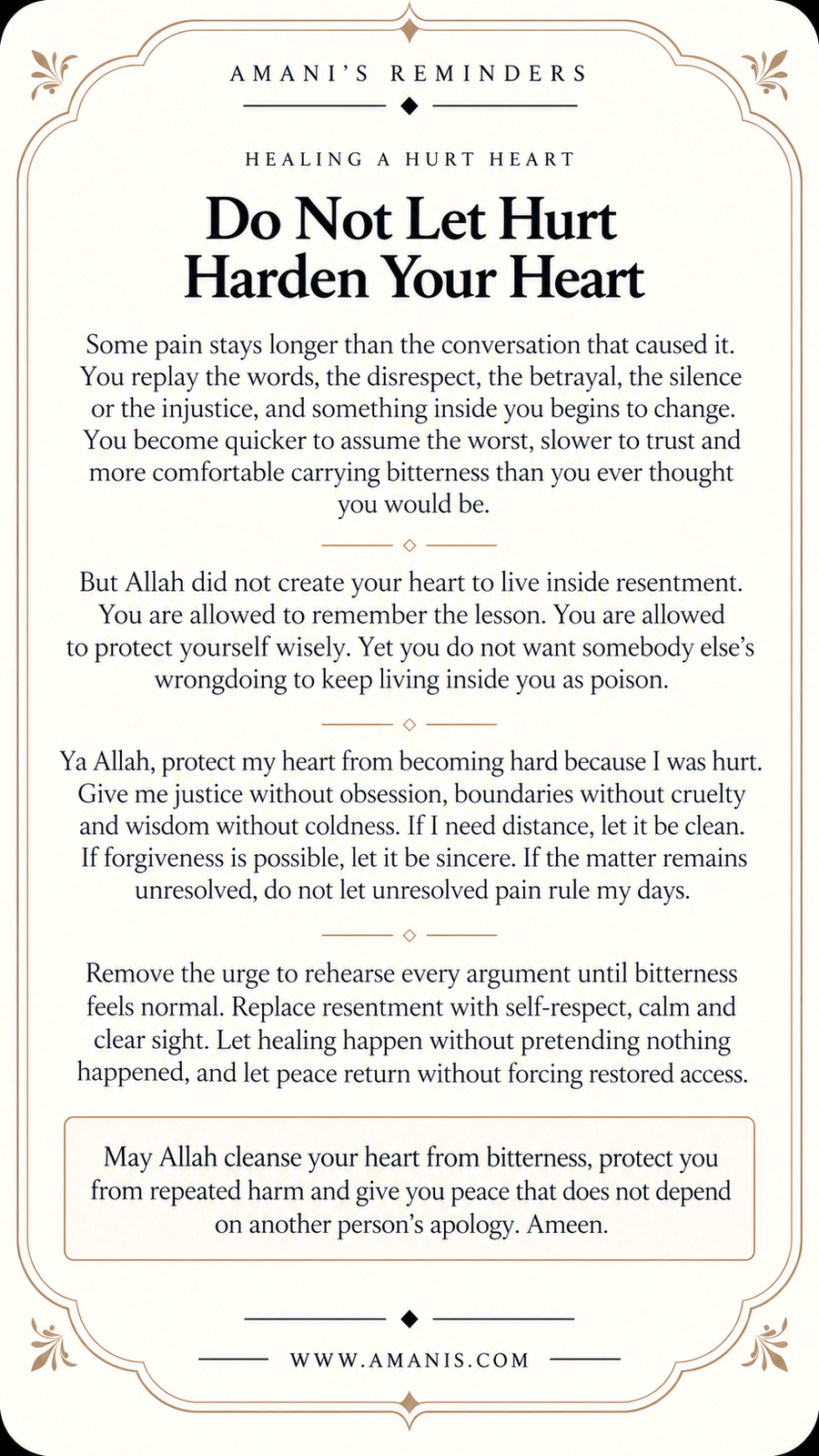 Amani’s Reminders artwork about healing from hurt without allowing resentment to harden the heart.