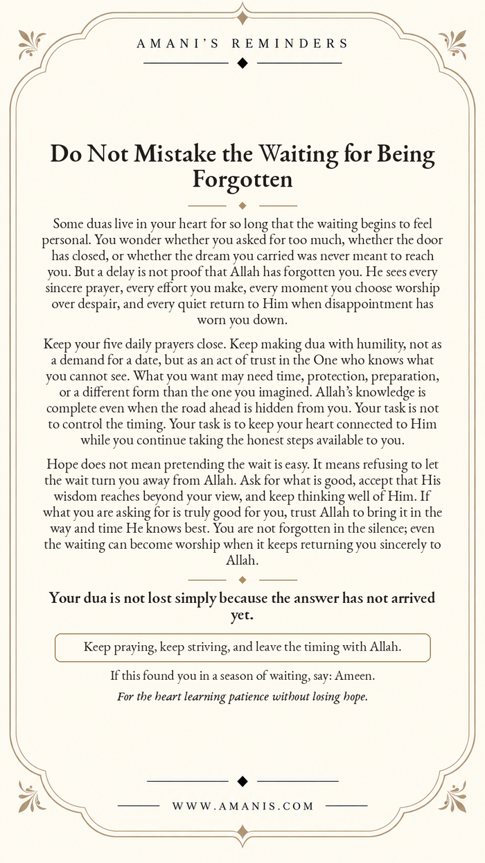 Amani’s Reminders artwork about waiting for a long-awaited dua without believing Allah has forgotten you.