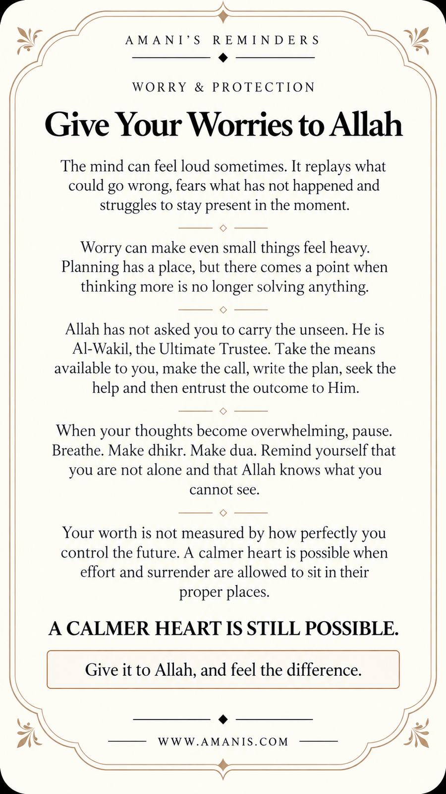 Amani’s Reminders artwork about worry, tawakkul and entrusting what you cannot control to Allah.