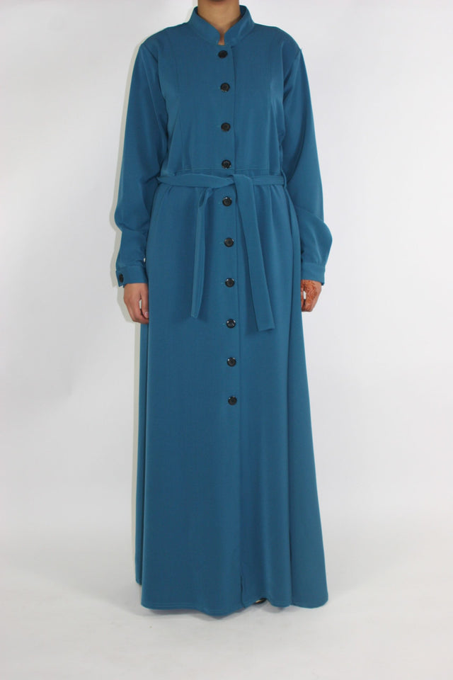 Turquoise blue long sleeve maxi jacket with belt, front view