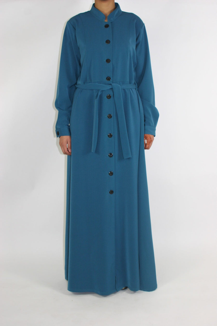 Turquoise blue long sleeve maxi jacket with belt, front view