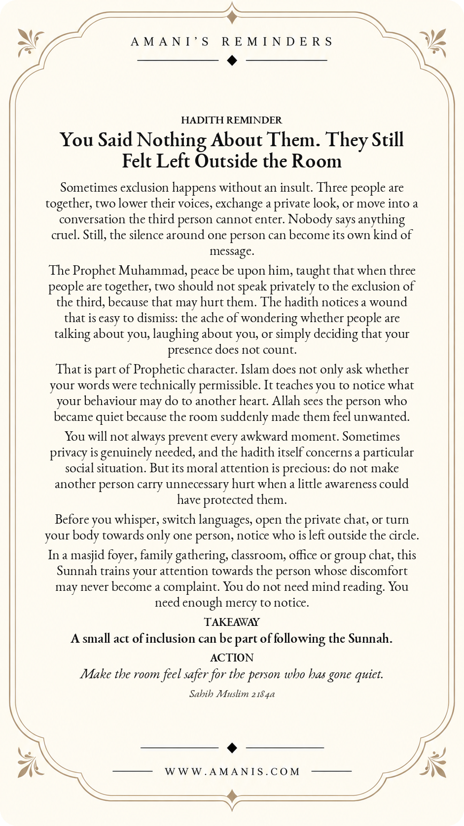 Amani’s Reminders Hadith Reminder artwork: You Said Nothing About Them. They Still Felt Left Outside the Room
