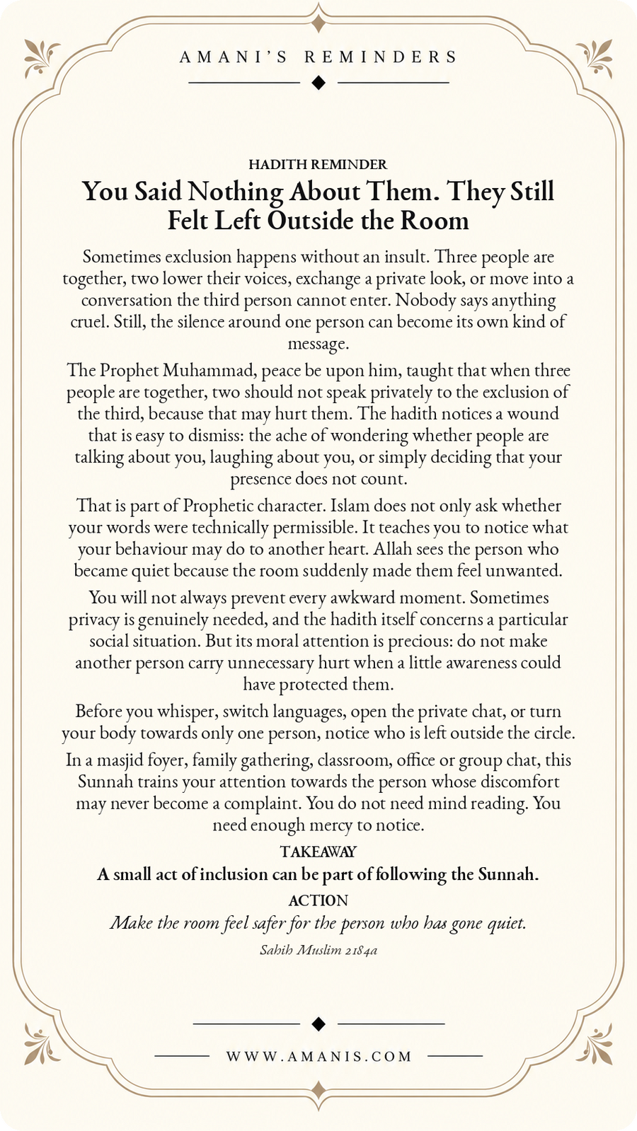 Amani’s Reminders Hadith Reminder artwork: You Said Nothing About Them. They Still Felt Left Outside the Room
