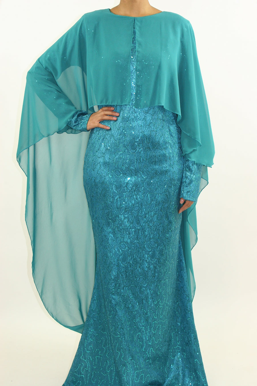 Chiffon cape drape on Amani's occasion maxi dress