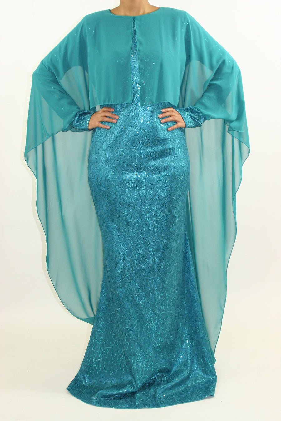 Side view of the occasion maxi dress with chiffon cape