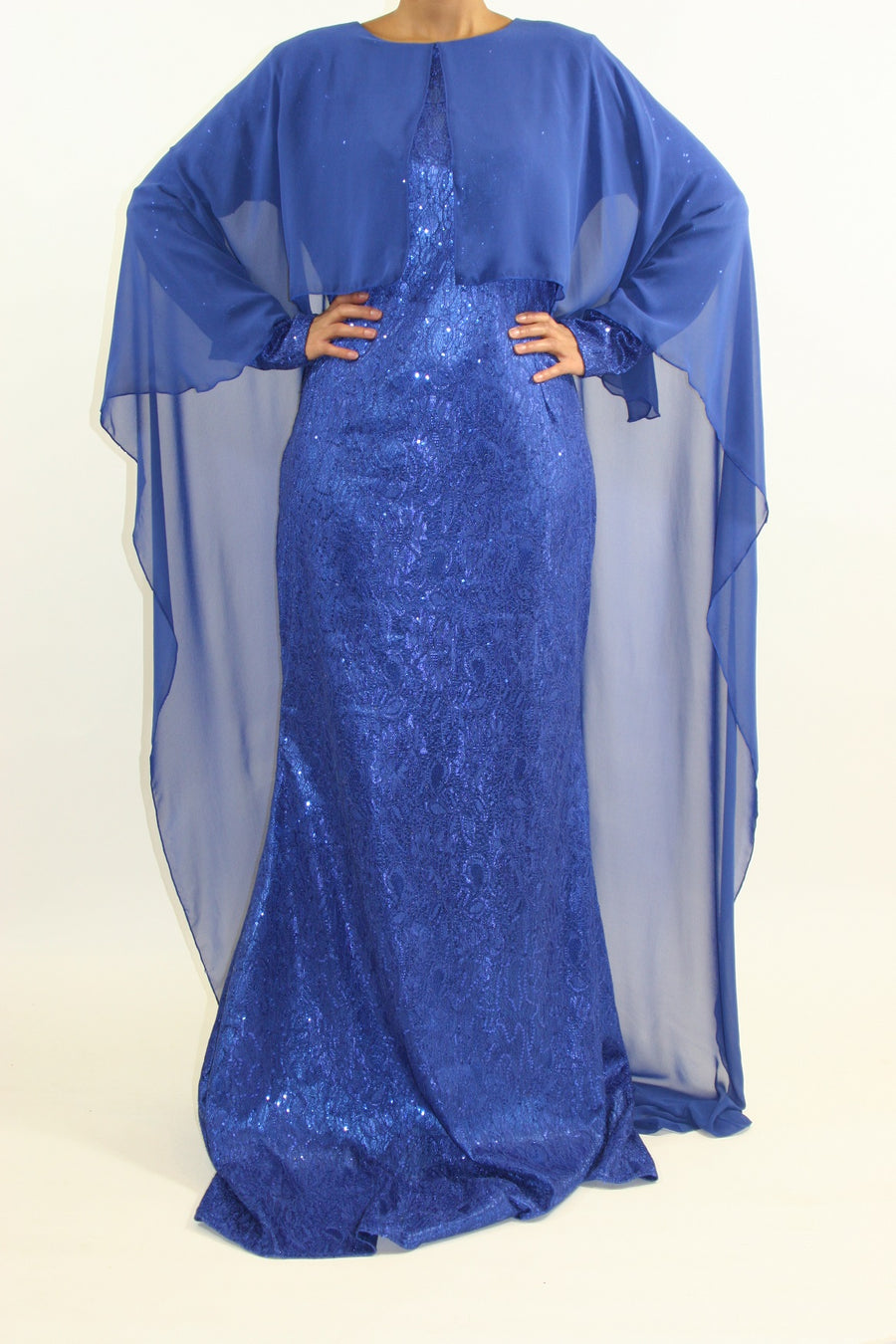 Side view of the blue occasion maxi dress with chiffon cape