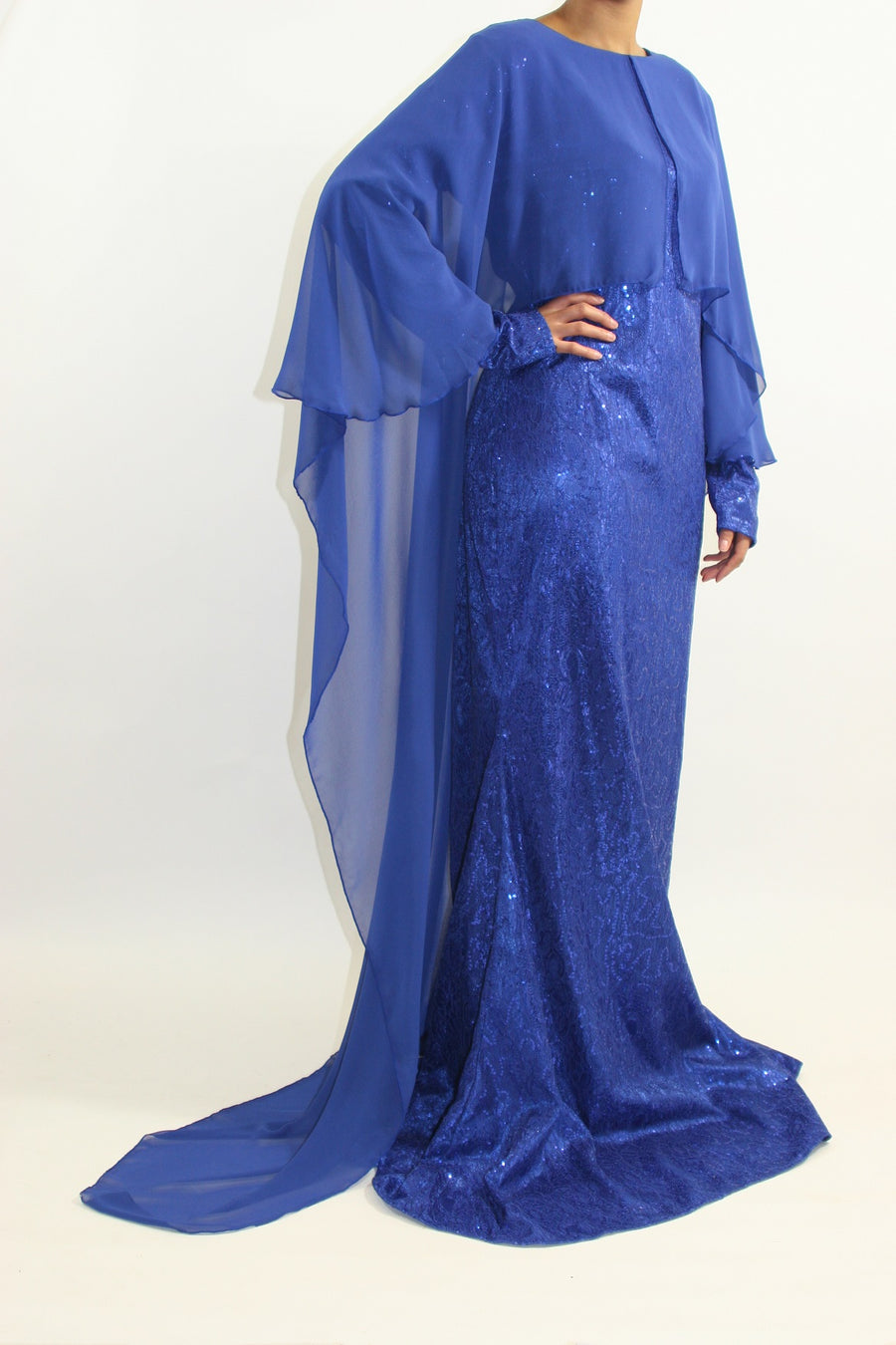 Chiffon cape drape on the blue occasion maxi dress