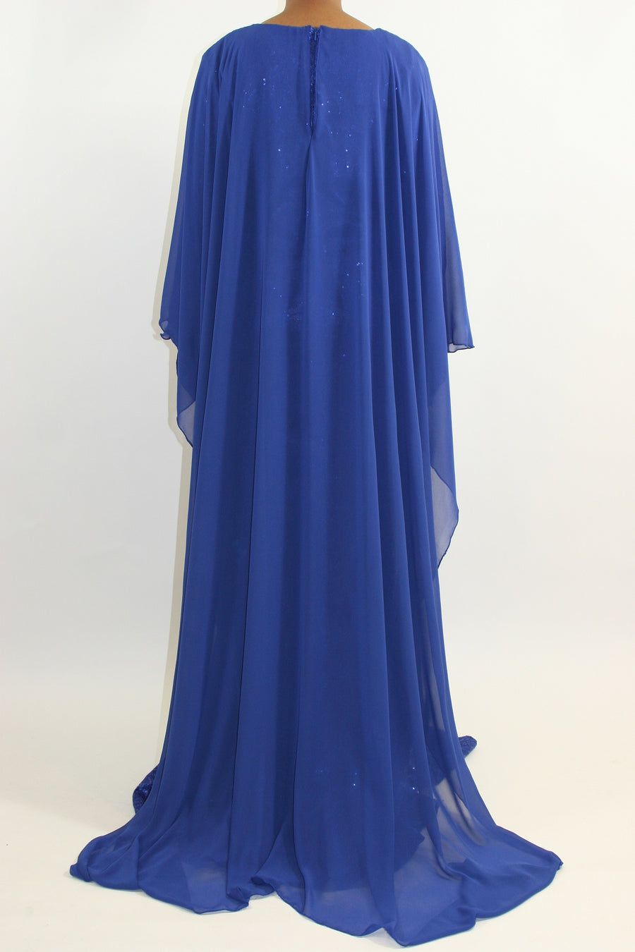 Floral lace overlay detail on the blue occasion caped maxi dress