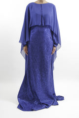 Blue occasion lace and satin maxi dress with attached chiffon cape, front view